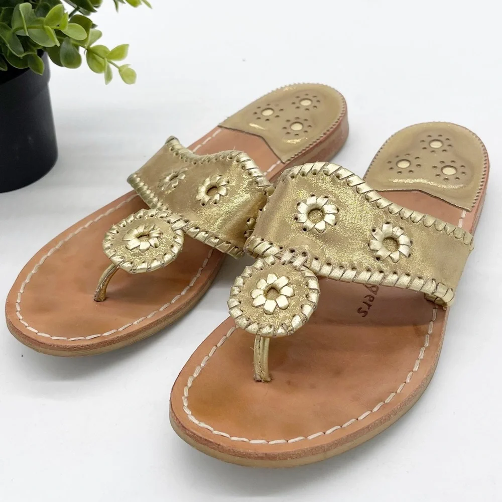 JACK ROGERS Jacks Flat Gold Leather Whipstitch Thong Sandals - Picture 3 of 11